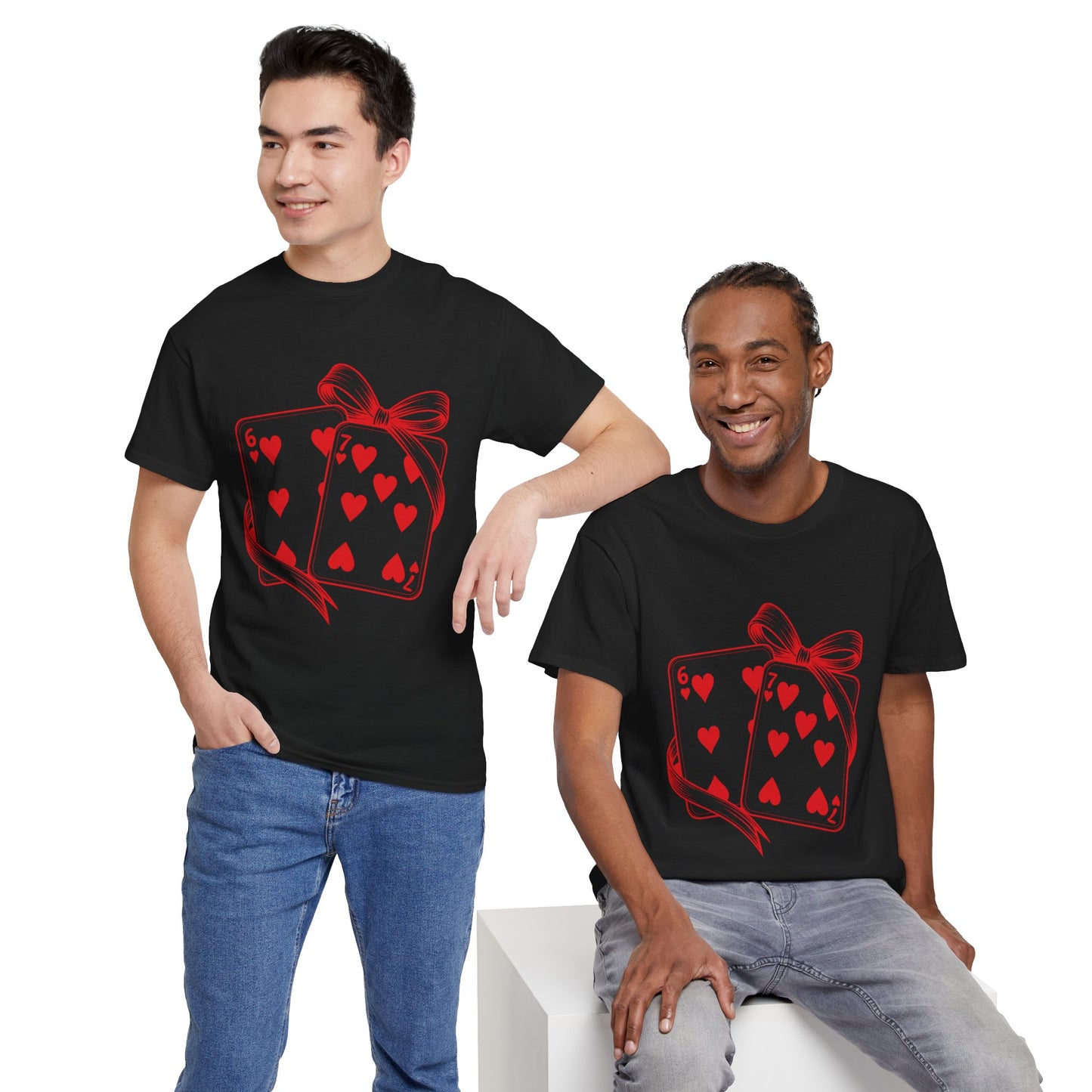 Playing Cards Heart Tee – Red 6 & 7 of Hearts Graphic T-Shirt, Romantic Gift for Card & Poker Lovers