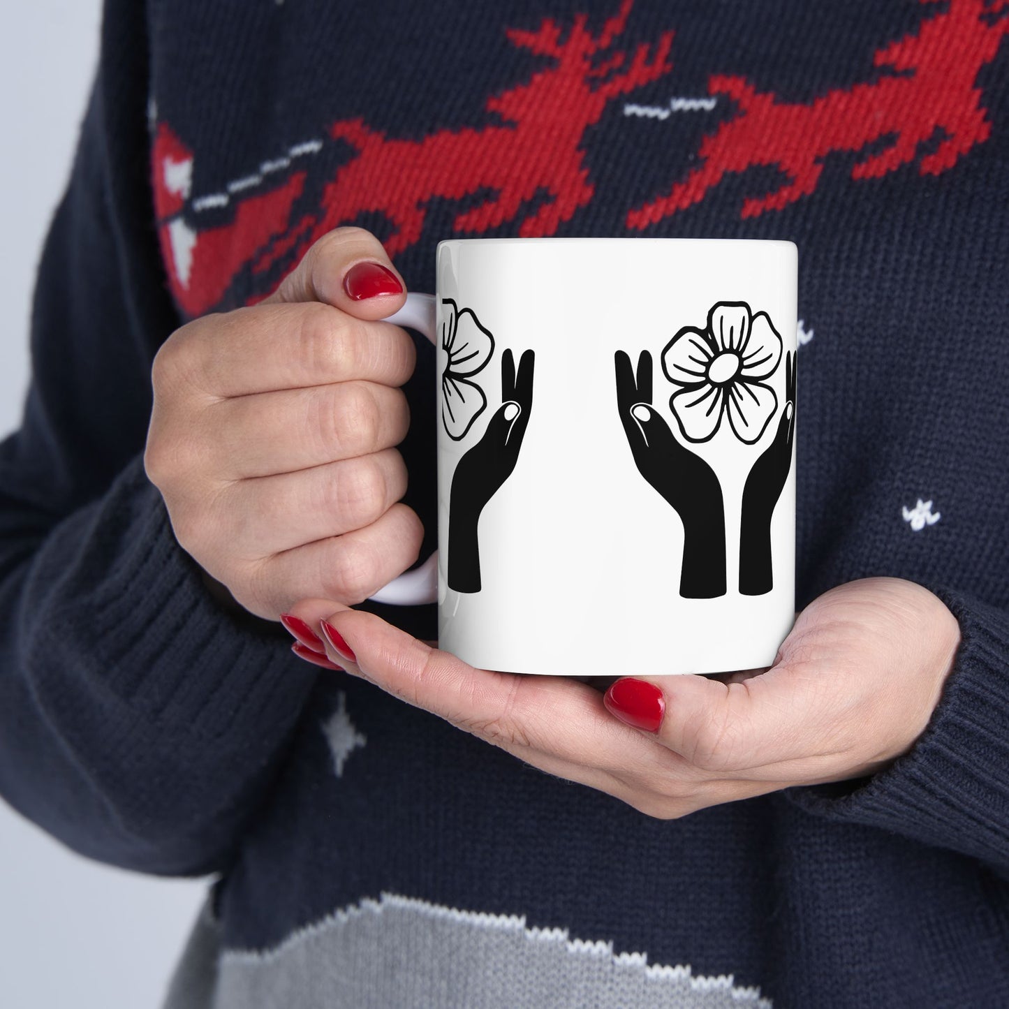 Floral Hands Ceramic Mug – Minimal Black Line Art Coffee Cup for Modern Aesthetic Style (11oz, 15oz)