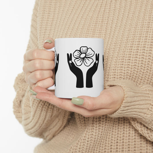Floral Hands Ceramic Mug – Minimal Black Line Art Coffee Cup for Modern Aesthetic Style (11oz, 15oz)