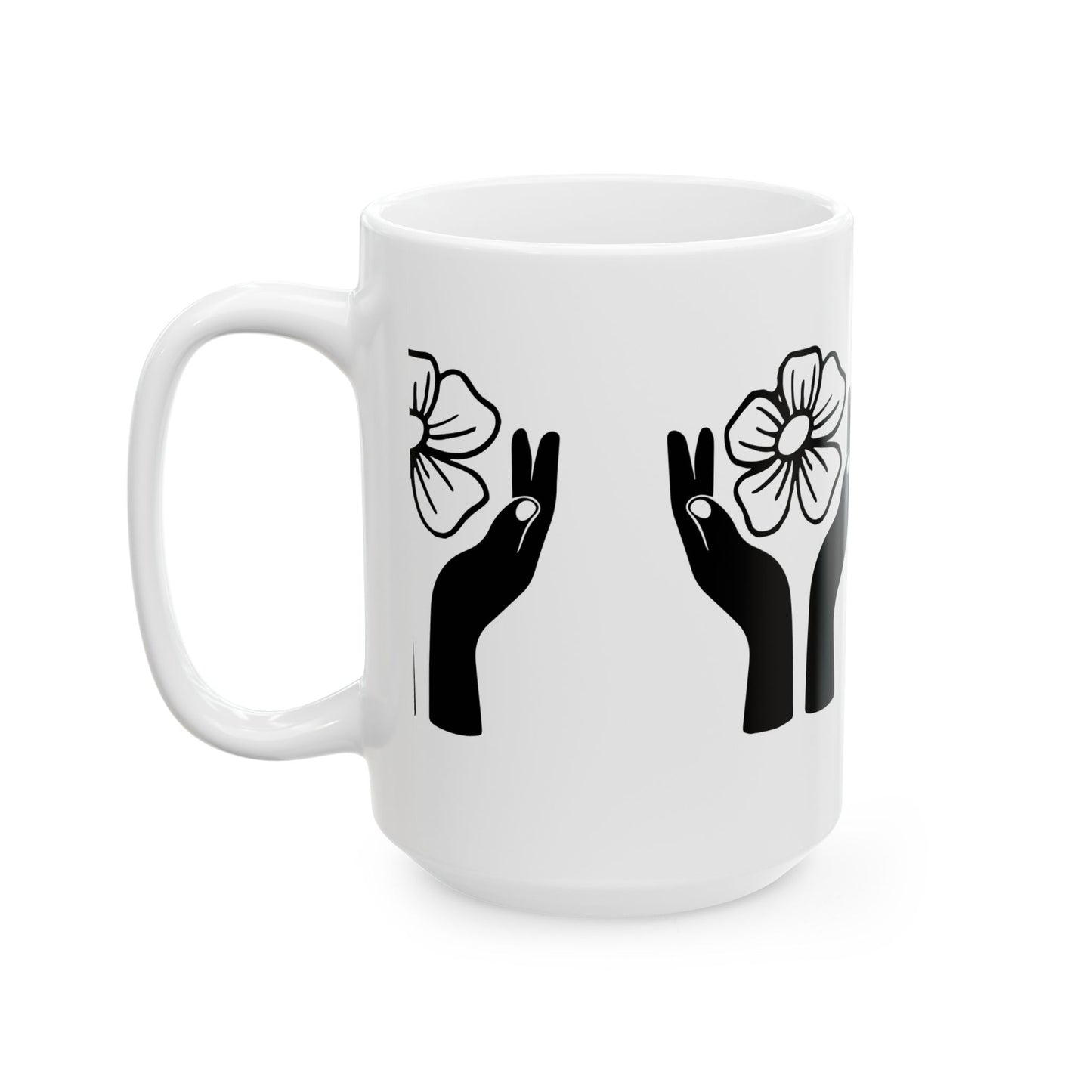 Floral Hands Ceramic Mug – Minimal Black Line Art Coffee Cup for Modern Aesthetic Style (11oz, 15oz)