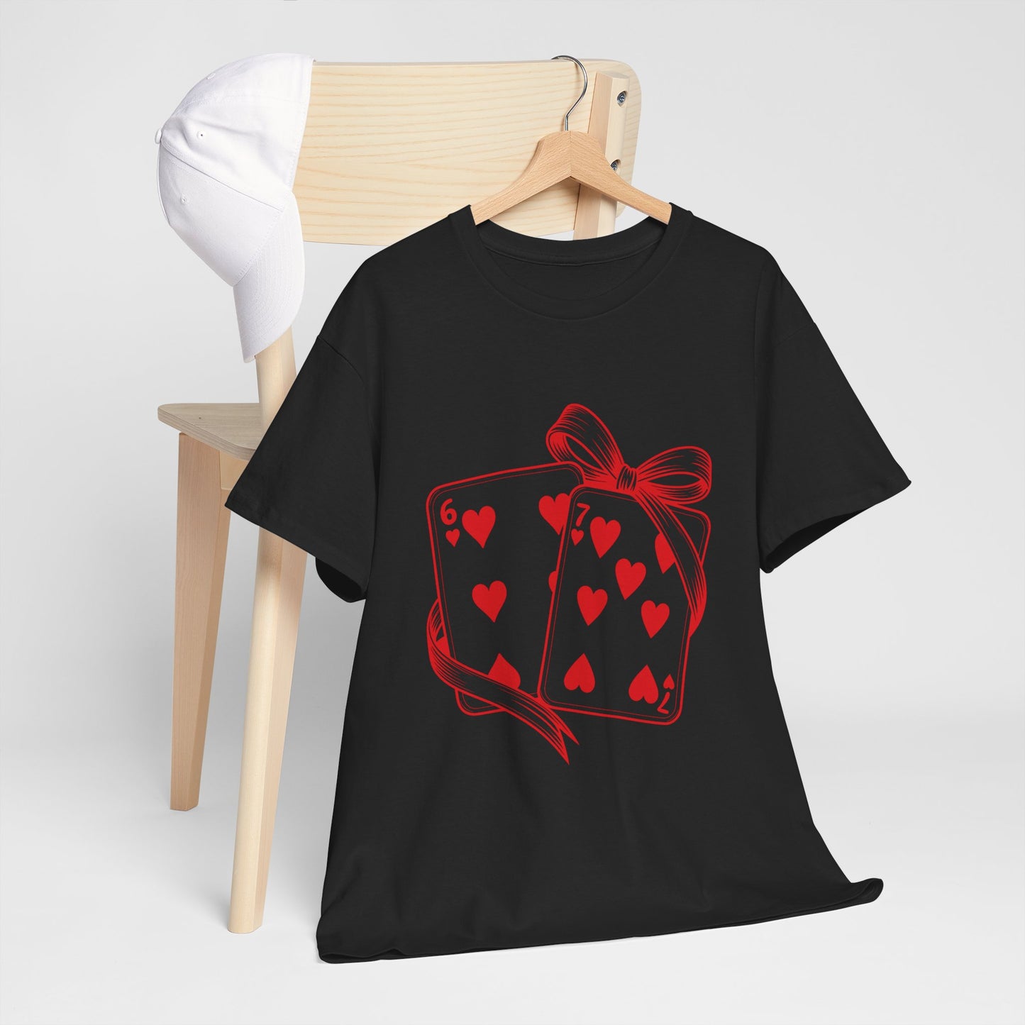 Playing Cards Heart Tee – Red 6 & 7 of Hearts Graphic T-Shirt, Romantic Gift for Card & Poker Lovers