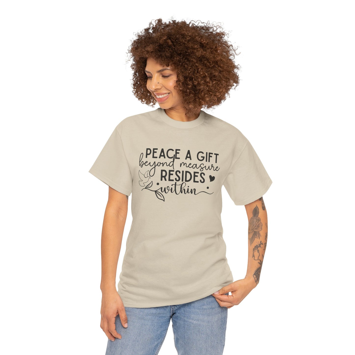 Peace A Gift T-Shirt – Inspirational Dove Graphic Tee with “Peace a Gift Beyond Measure Resides Within” Quote