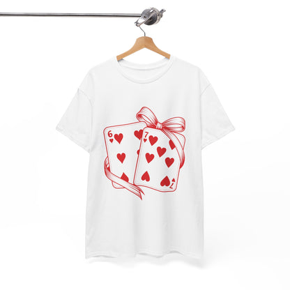 Playing Cards Heart Tee – Red 6 & 7 of Hearts Graphic T-Shirt, Romantic Gift for Card & Poker Lovers