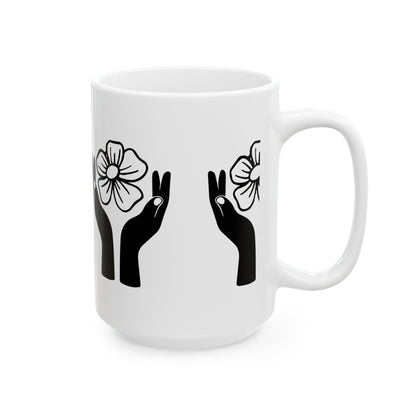 Floral Hands Ceramic Mug – Minimal Black Line Art Coffee Cup for Modern Aesthetic Style (11oz, 15oz)