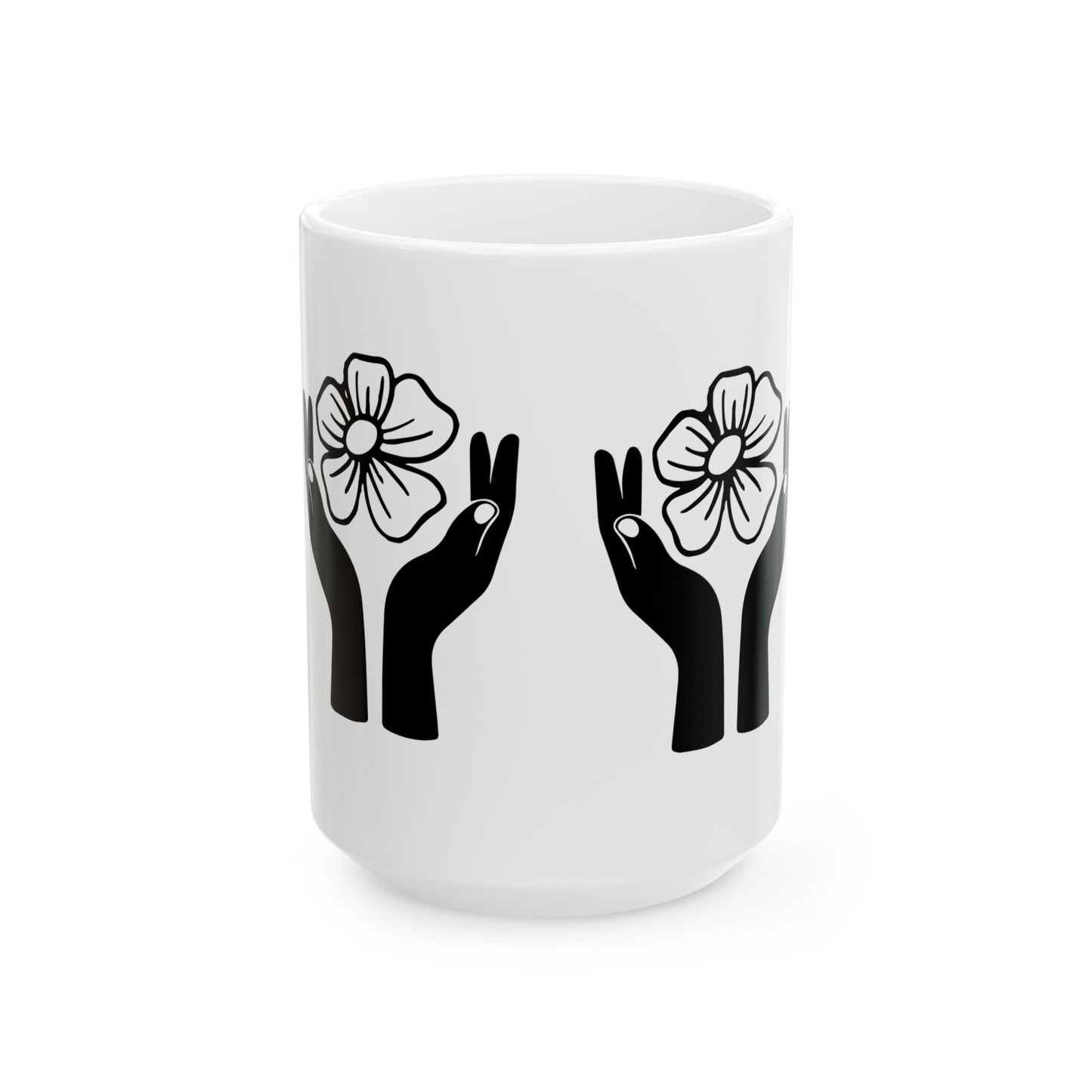 Floral Hands Ceramic Mug – Minimal Black Line Art Coffee Cup for Modern Aesthetic Style (11oz, 15oz)