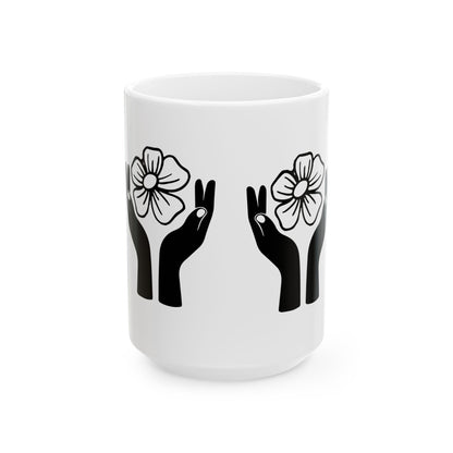 Floral Hands Ceramic Mug – Minimal Black Line Art Coffee Cup for Modern Aesthetic Style (11oz, 15oz)