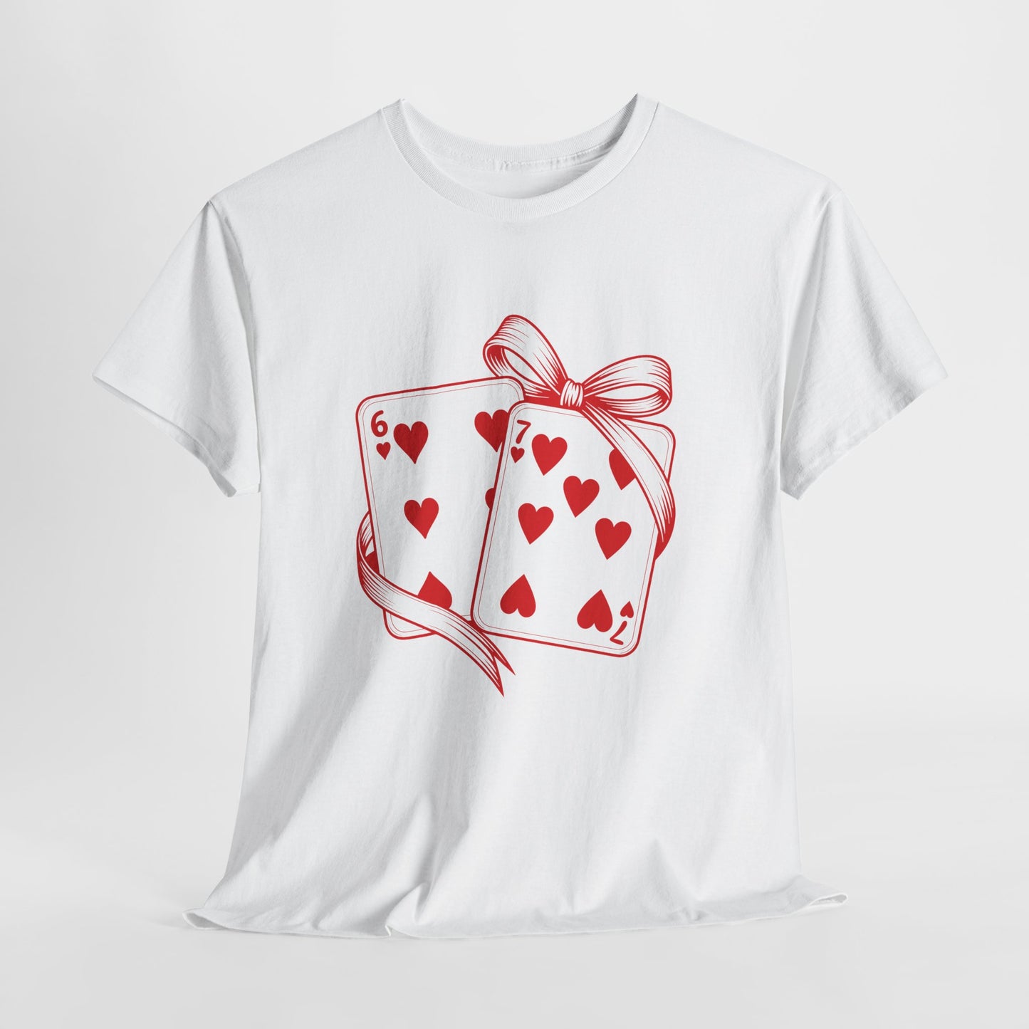 Playing Cards Heart Tee – Red 6 & 7 of Hearts Graphic T-Shirt, Romantic Gift for Card & Poker Lovers