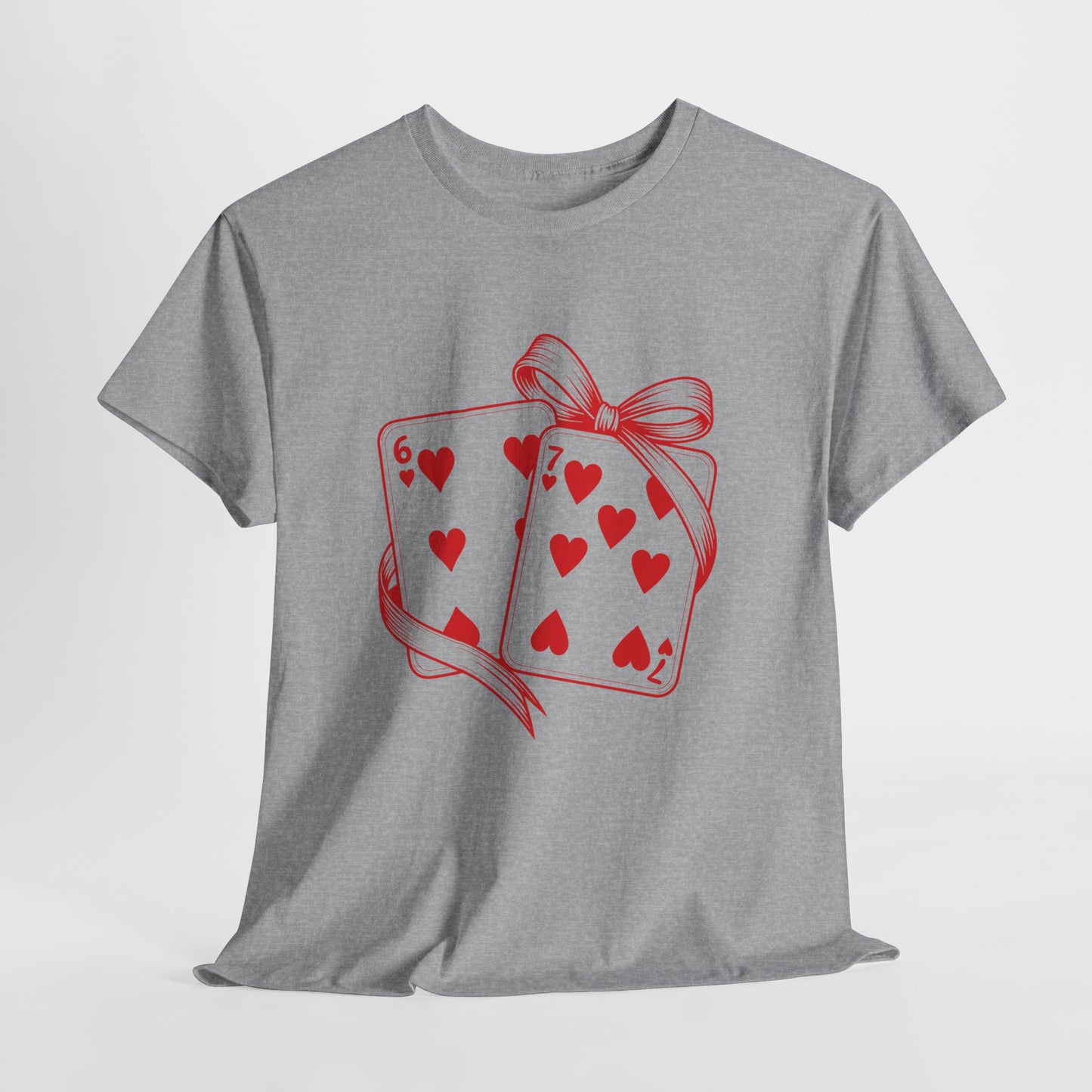Playing Cards Heart Tee – Red 6 & 7 of Hearts Graphic T-Shirt, Romantic Gift for Card & Poker Lovers