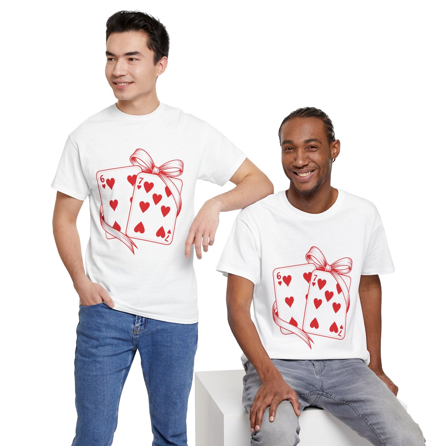 Playing Cards Heart Tee – Red 6 & 7 of Hearts Graphic T-Shirt, Romantic Gift for Card & Poker Lovers