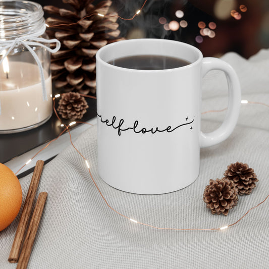Self Love Ceramic Mug — Minimalist Script Motivational Coffee Cup (11oz, 15oz)