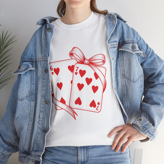 Playing Cards Heart Tee – Red 6 & 7 of Hearts Graphic T-Shirt, Romantic Gift for Card & Poker Lovers