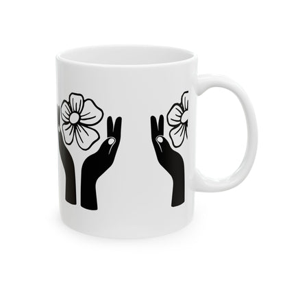 Floral Hands Ceramic Mug – Minimal Black Line Art Coffee Cup for Modern Aesthetic Style (11oz, 15oz)