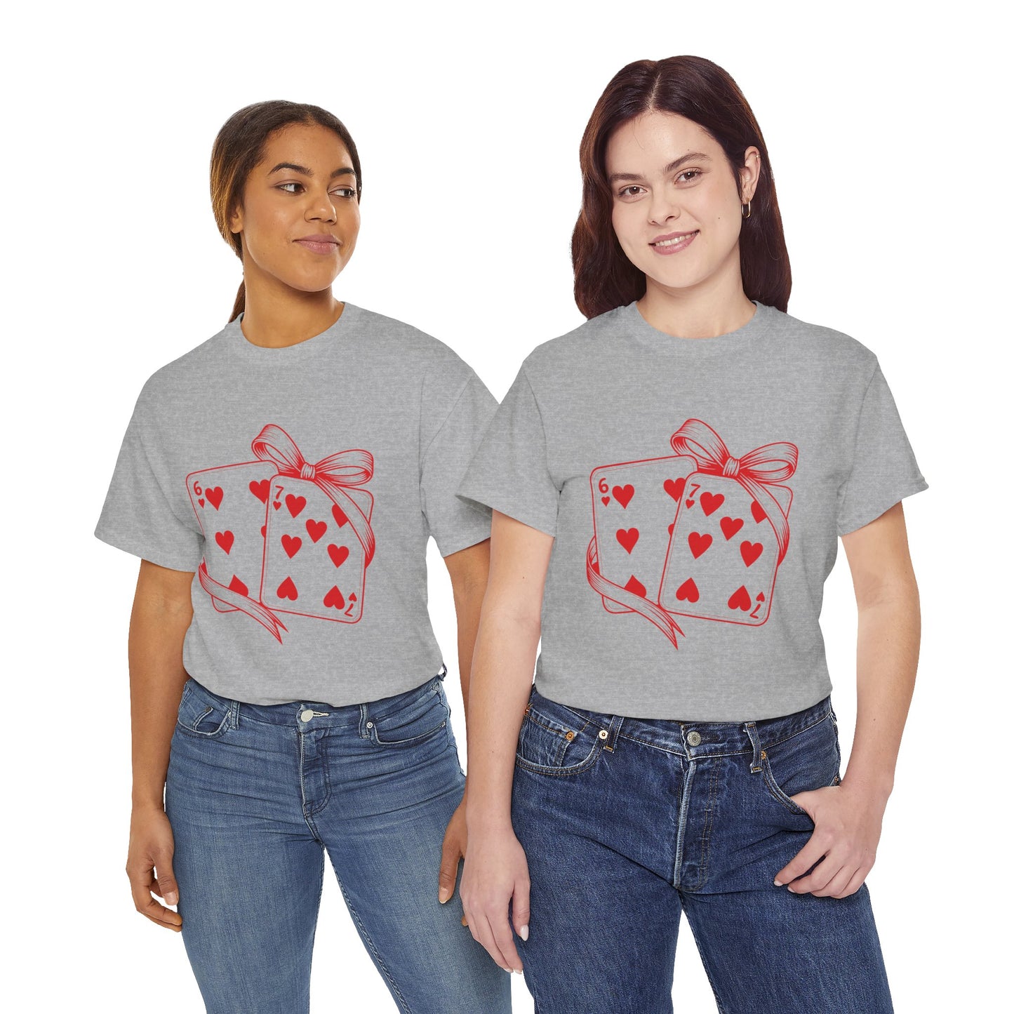 Playing Cards Heart Tee – Red 6 & 7 of Hearts Graphic T-Shirt, Romantic Gift for Card & Poker Lovers