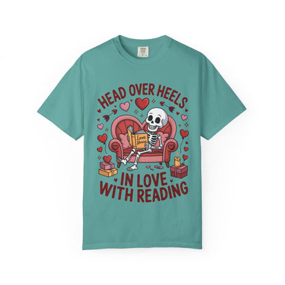 Head Over Heels In Love With Reading Skeleton T-Shirt | Book Lover Gift | Bookworm Shirt | Reading Lover Tee | Librarian Gift | Literary Tee