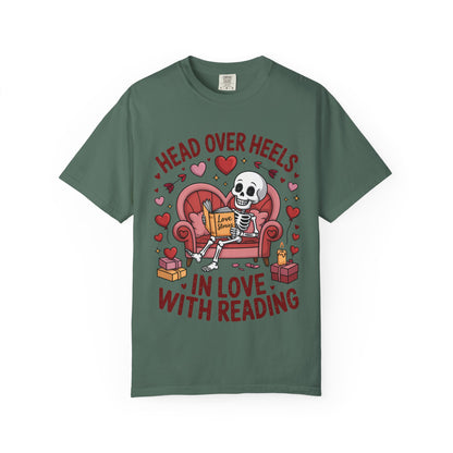 Head Over Heels In Love With Reading Skeleton T-Shirt | Book Lover Gift | Bookworm Shirt | Reading Lover Tee | Librarian Gift | Literary Tee
