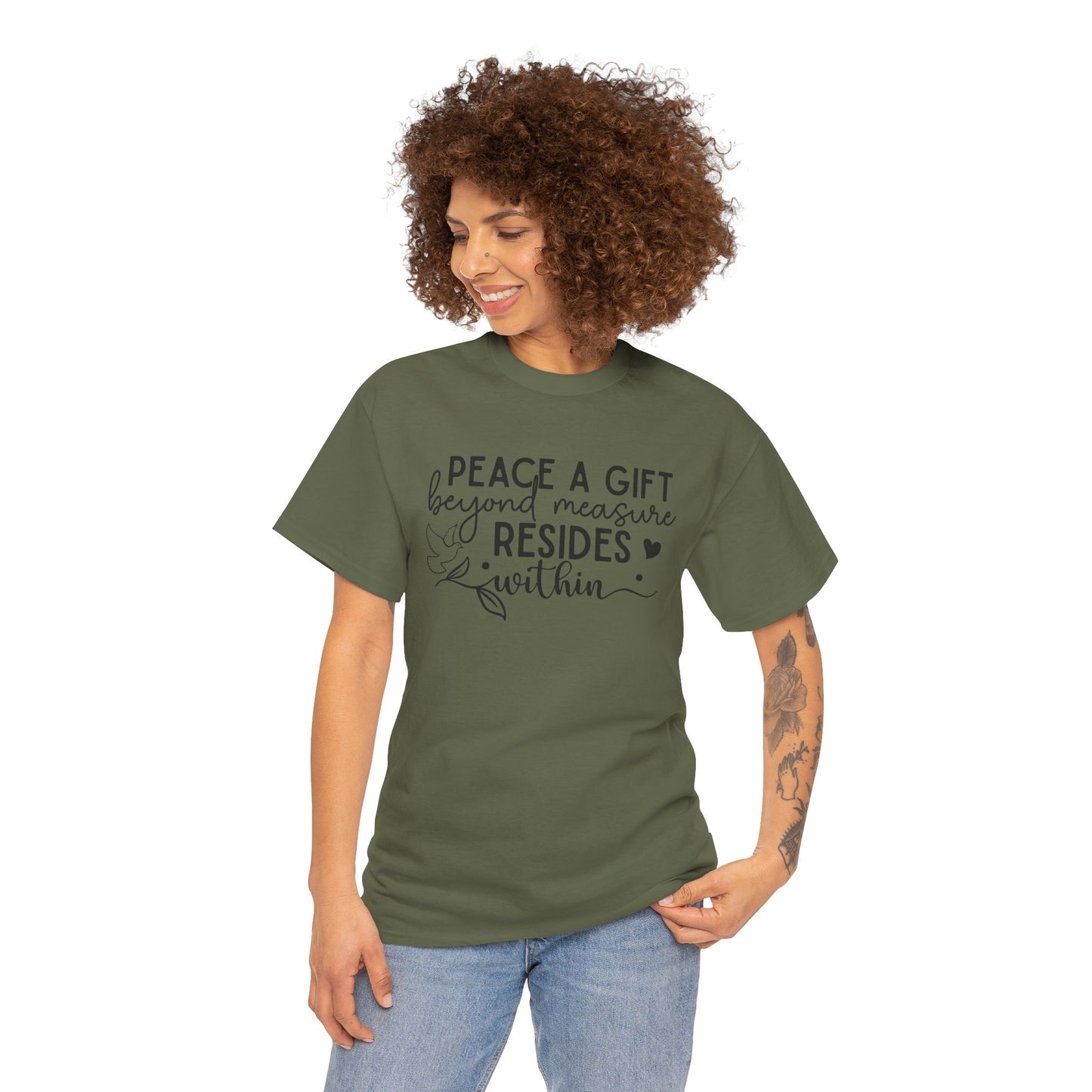 Peace A Gift T-Shirt – Inspirational Dove Graphic Tee with “Peace a Gift Beyond Measure Resides Within” Quote