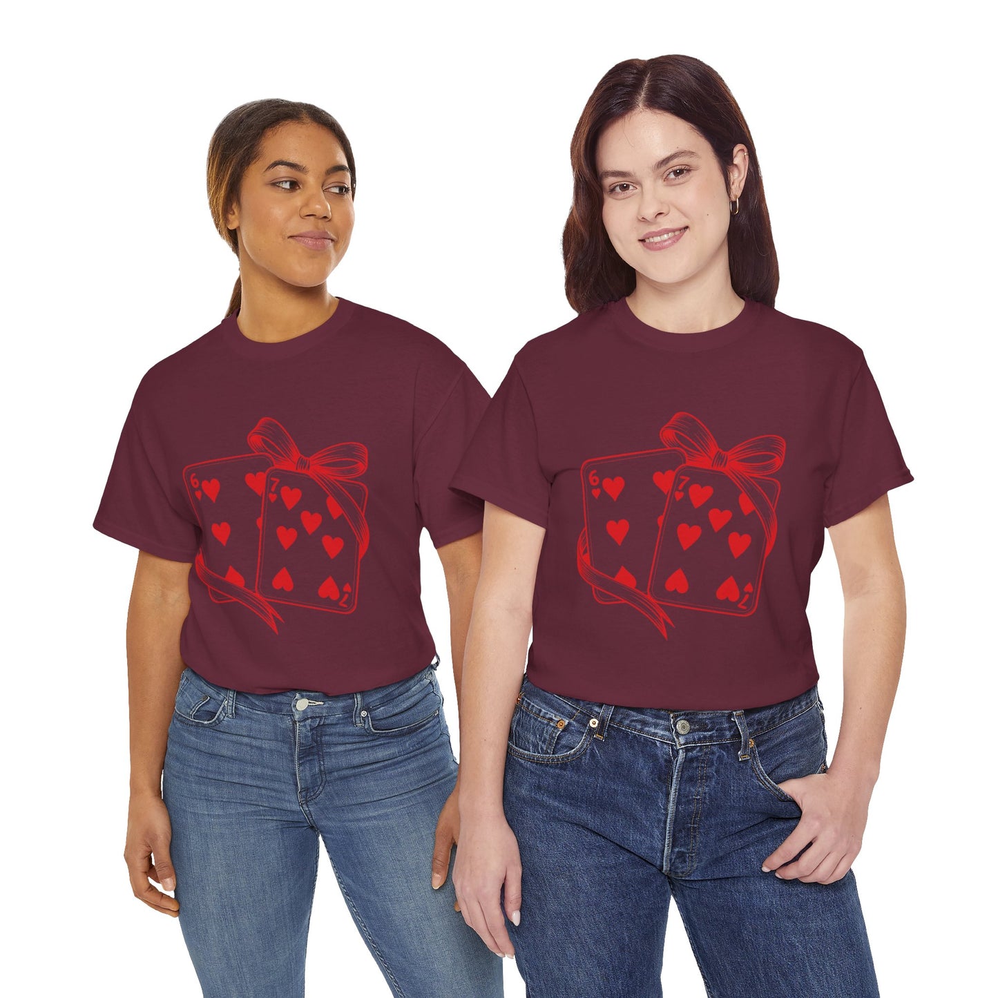 Playing Cards Heart Tee – Red 6 & 7 of Hearts Graphic T-Shirt, Romantic Gift for Card & Poker Lovers