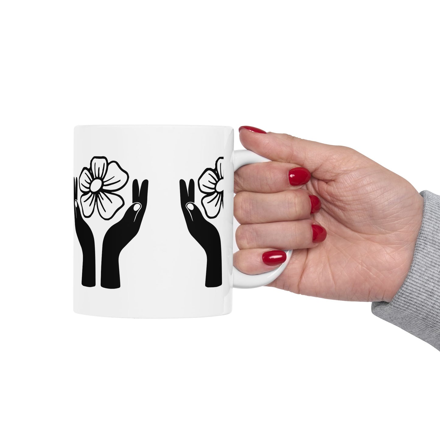 Floral Hands Ceramic Mug – Minimal Black Line Art Coffee Cup for Modern Aesthetic Style (11oz, 15oz)
