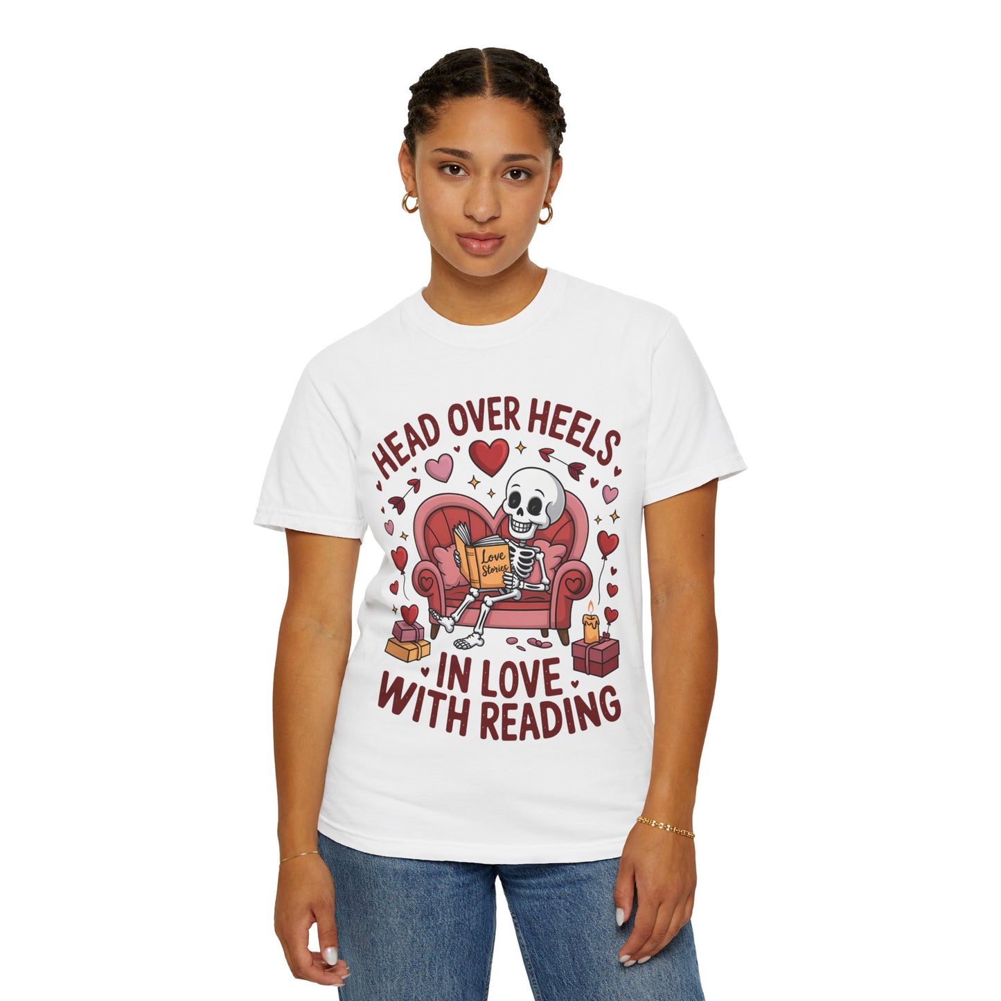 Head Over Heels In Love With Reading Skeleton T-Shirt | Book Lover Gift | Bookworm Shirt | Reading Lover Tee | Librarian Gift | Literary Tee