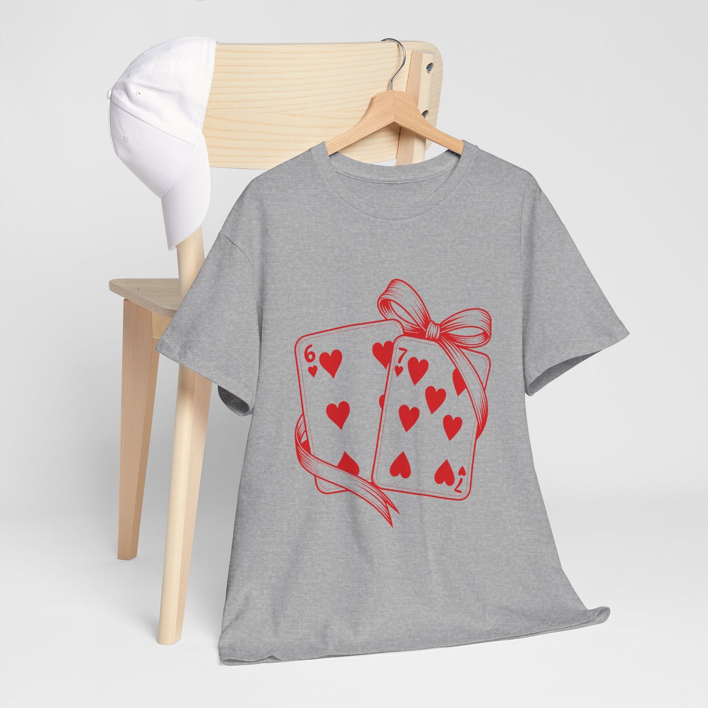 Playing Cards Heart Tee – Red 6 & 7 of Hearts Graphic T-Shirt, Romantic Gift for Card & Poker Lovers