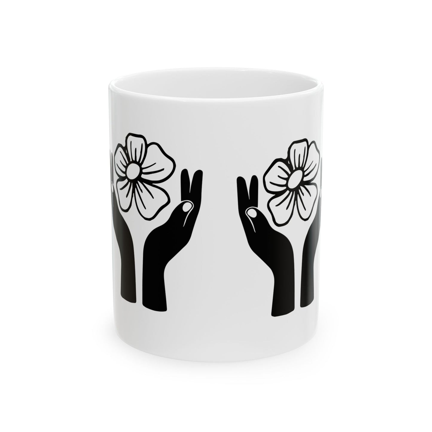 Floral Hands Ceramic Mug – Minimal Black Line Art Coffee Cup for Modern Aesthetic Style (11oz, 15oz)
