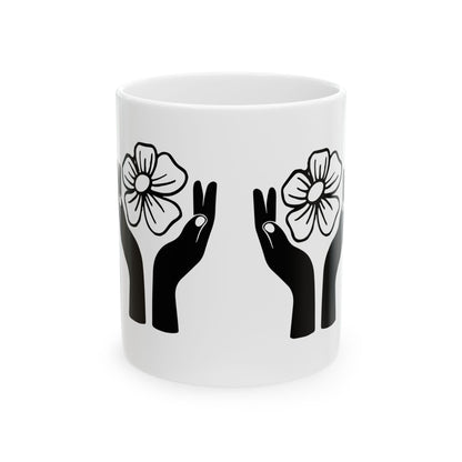 Floral Hands Ceramic Mug – Minimal Black Line Art Coffee Cup for Modern Aesthetic Style (11oz, 15oz)