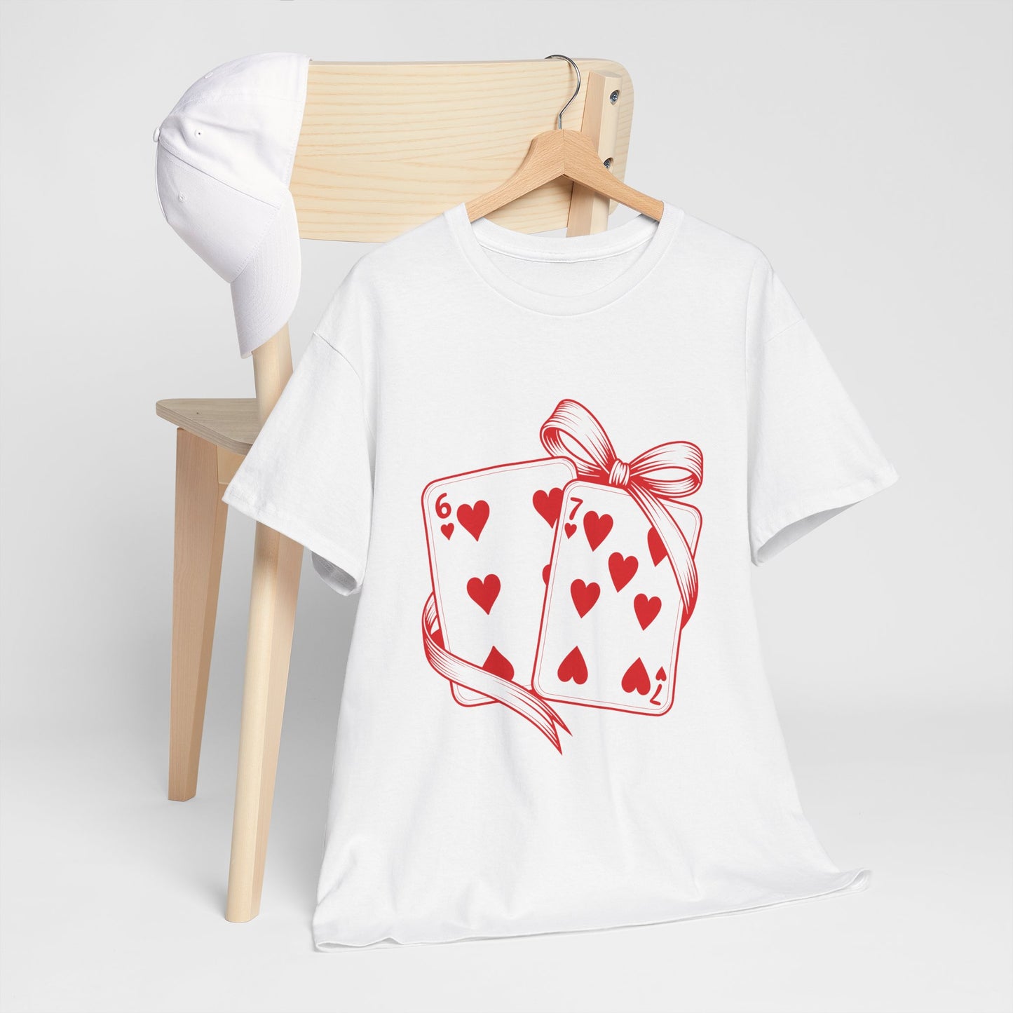 Playing Cards Heart Tee – Red 6 & 7 of Hearts Graphic T-Shirt, Romantic Gift for Card & Poker Lovers