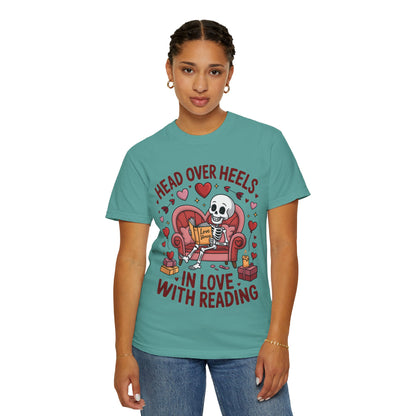 Head Over Heels In Love With Reading Skeleton T-Shirt | Book Lover Gift | Bookworm Shirt | Reading Lover Tee | Librarian Gift | Literary Tee