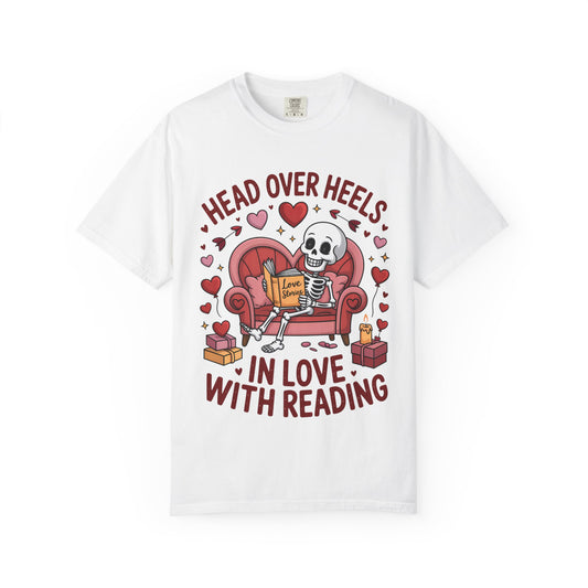 Head Over Heels In Love With Reading Skeleton T-Shirt | Book Lover Gift | Bookworm Shirt | Reading Lover Tee | Librarian Gift | Literary Tee