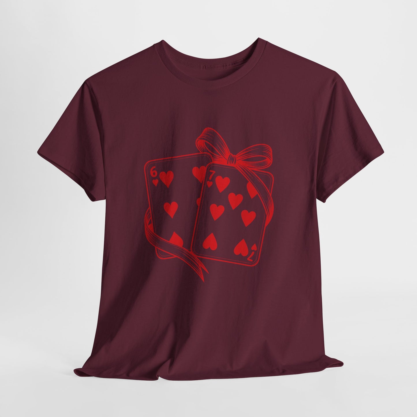 Playing Cards Heart Tee – Red 6 & 7 of Hearts Graphic T-Shirt, Romantic Gift for Card & Poker Lovers