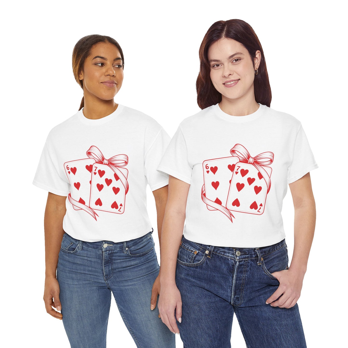 Playing Cards Heart Tee – Red 6 & 7 of Hearts Graphic T-Shirt, Romantic Gift for Card & Poker Lovers