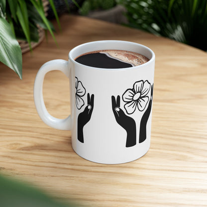 Floral Hands Ceramic Mug – Minimal Black Line Art Coffee Cup for Modern Aesthetic Style (11oz, 15oz)